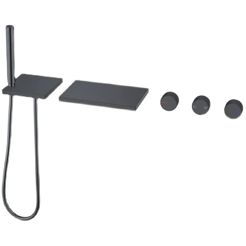 Grifo de cascada de bañera oculto negro de latón macizo gótico, montado en la pared, mezclador de agua fría y caliente, juego de ducha de bañera, grifos