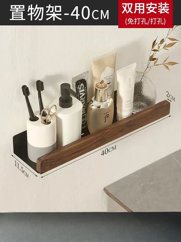 Walnut Wood Black Bathroom Hardware Set Bathroom Towel Rack Non Perforated Wall Mounted Storage Rack Bathroom Accessories