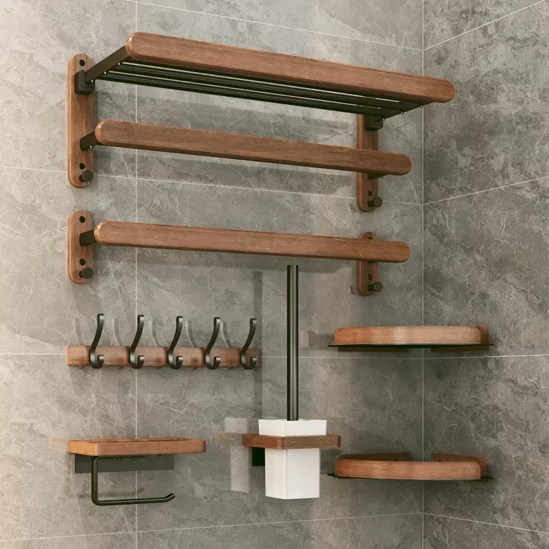 Walnut Wood Black Bathroom Hardware Set Bathroom Towel Rack Non Perforated Wall Mounted Storage Rack Bathroom Accessories