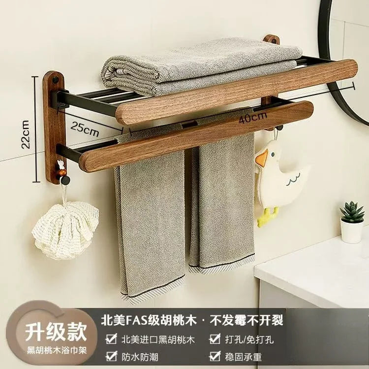 Walnut Wood Black Bathroom Hardware Set Bathroom Towel Rack Non Perforated Wall Mounted Storage Rack Bathroom Accessories