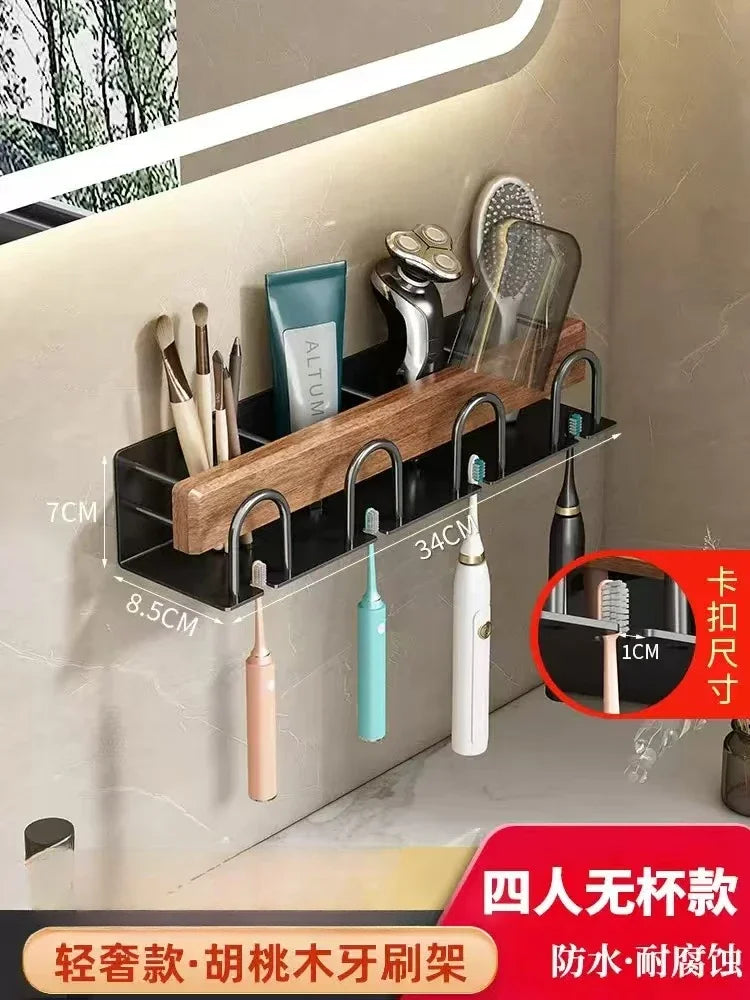 Walnut Wood Black Bathroom Hardware Set Bathroom Towel Rack Non Perforated Wall Mounted Storage Rack Bathroom Accessories