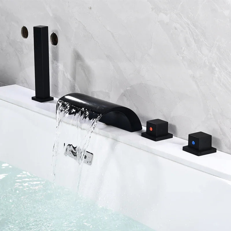 Bathtub Faucet LED Waterfall Mixer Taps Black 5 pcs Bathroom Shower Faucet with ABS Handshower Hot and Cold Water Sink Faucet
