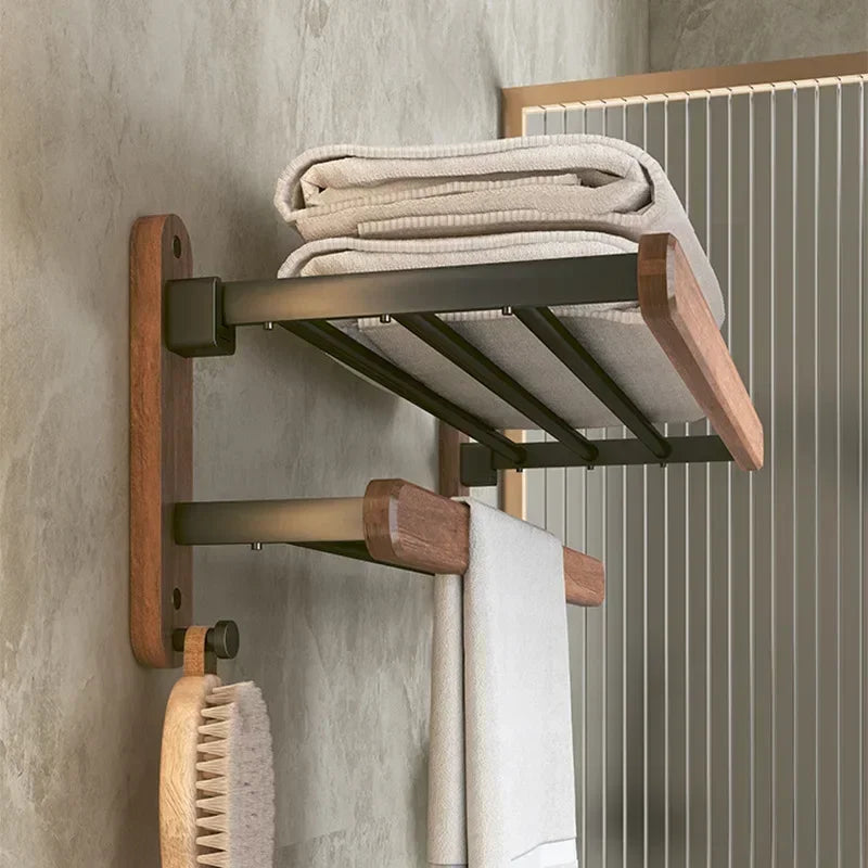 Walnut Wood Black Bathroom Hardware Set Bathroom Towel Rack Non Perforated Wall Mounted Storage Rack Bathroom Accessories