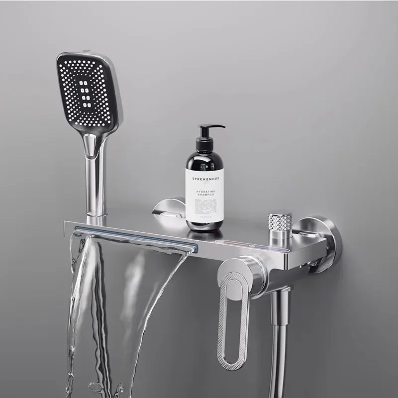 Juego de grifería de baño y ducha de Oro pulido, mezclador de bañera y ducha de cascada gris de latón montado en la pared, grifos de baño negros de latón