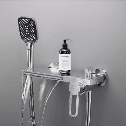 Juego de grifería de baño y ducha de Oro pulido, mezclador de bañera y ducha de cascada gris de latón montado en la pared, grifos de baño negros de latón
