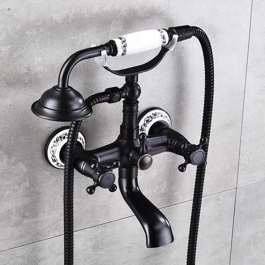 Antique Luxury Bathroom Shower Faucet Copper Black Bathtub Faucet Shower Set Wall Mounted 2 Handles Shower