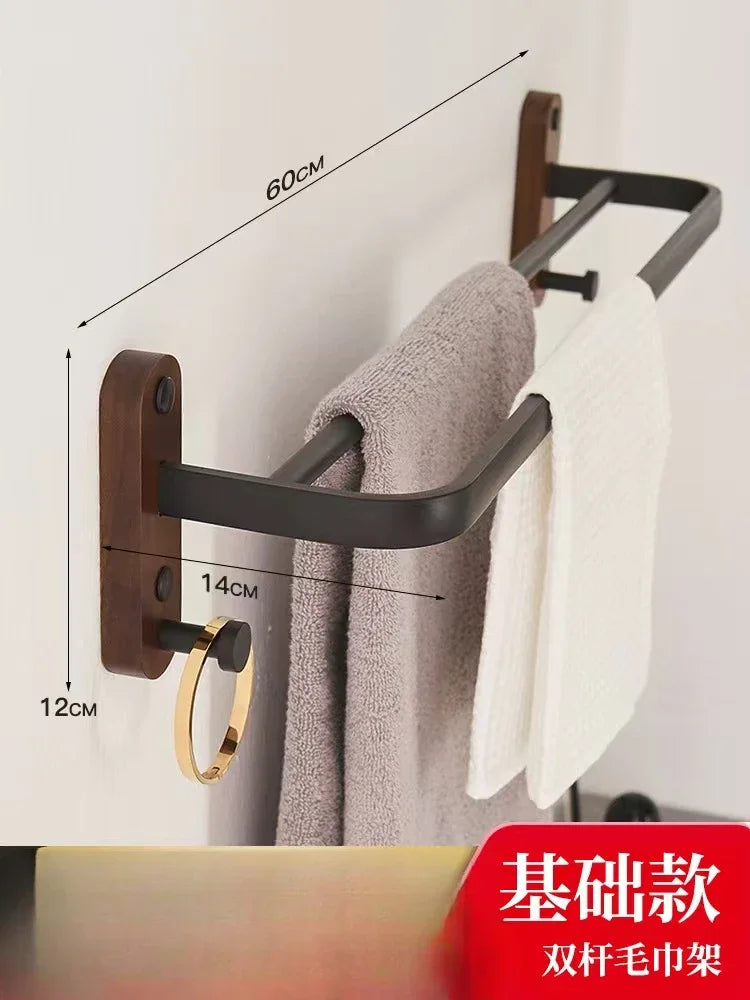 Walnut Wood Black Bathroom Hardware Set Bathroom Towel Rack Non Perforated Wall Mounted Storage Rack Bathroom Accessories