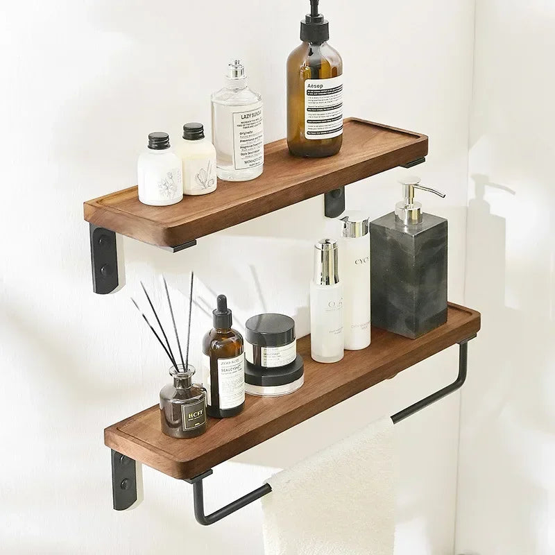 Walnut Wood Black Bathroom Hardware Set Bathroom Towel Rack Non Perforated Wall Mounted Storage Rack Bathroom Accessories
