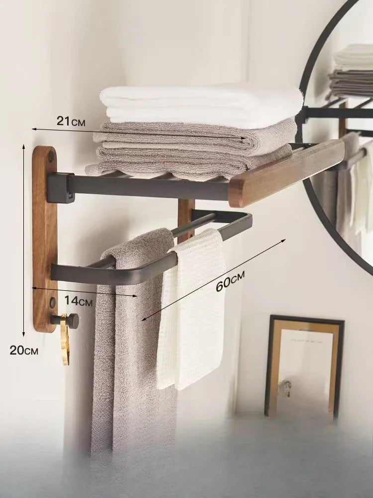 Walnut Wood Black Bathroom Hardware Set Bathroom Towel Rack Non Perforated Wall Mounted Storage Rack Bathroom Accessories