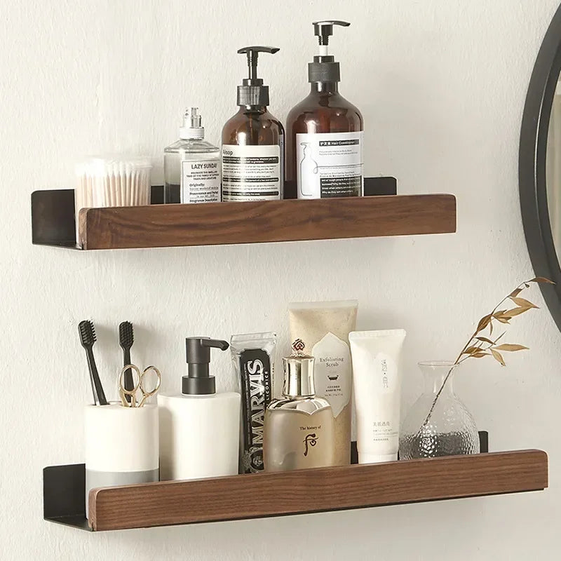 Walnut Wood Black Bathroom Hardware Set Bathroom Towel Rack Non Perforated Wall Mounted Storage Rack Bathroom Accessories