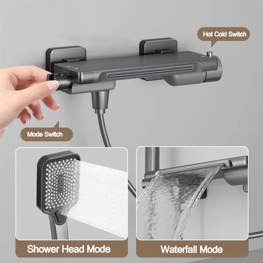 Grifo de bañera en cascada, juego de ducha, baño doméstico, montado en la pared, válvula mezcladora de latón caliente y fría, cabezal de ducha de baño
