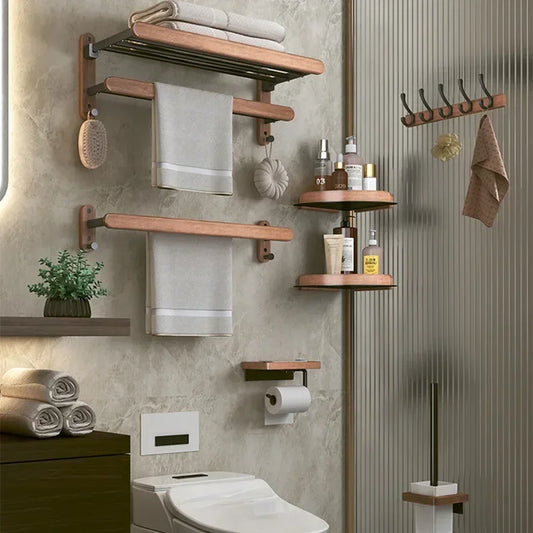 Walnut Wood Black Bathroom Hardware Set Bathroom Towel Rack Non Perforated Wall Mounted Storage Rack Bathroom Accessories