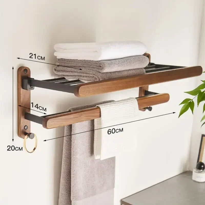 Walnut Wood Black Bathroom Hardware Set Bathroom Towel Rack Non Perforated Wall Mounted Storage Rack Bathroom Accessories