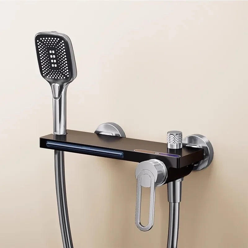 Juego de grifería de baño y ducha de Oro pulido, mezclador de bañera y ducha de cascada gris de latón montado en la pared, grifos de baño negros de latón