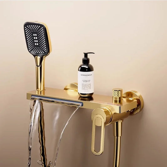 Juego de grifería de baño y ducha de Oro pulido, mezclador de bañera y ducha de cascada gris de latón montado en la pared, grifos de baño negros de latón