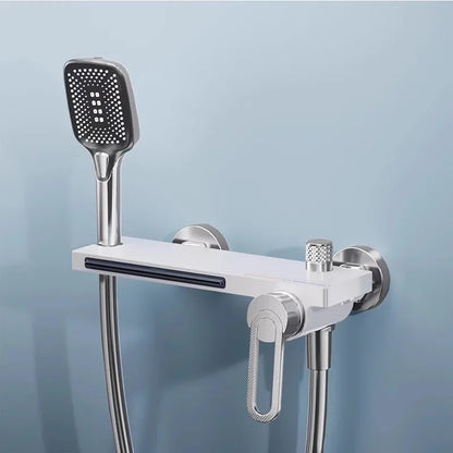 Juego de grifería de baño y ducha de Oro pulido, mezclador de bañera y ducha de cascada gris de latón montado en la pared, grifos de baño negros de latón