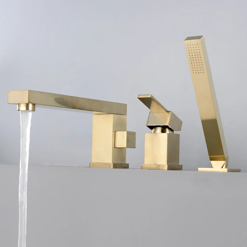 Brass hot and cold cylinder side bathtub faucet split three-piece set sitting 4-hole shower head rotating faucet