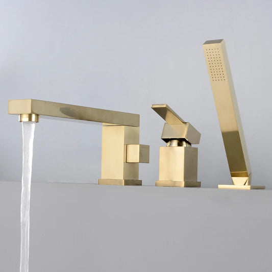 Brass hot and cold cylinder side bathtub faucet split three-piece set sitting 4-hole shower head rotating faucet