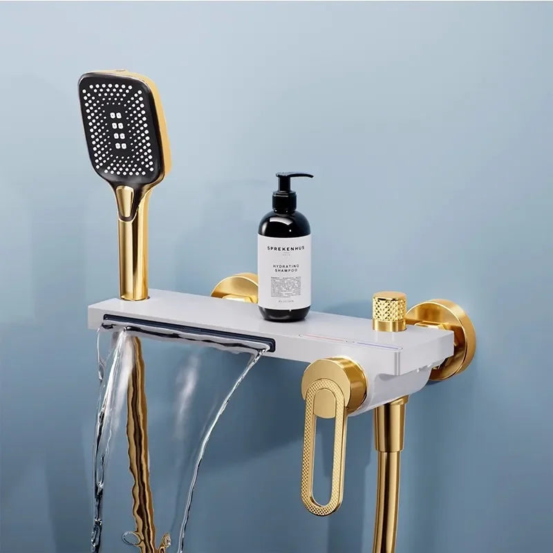 Juego de grifería de baño y ducha de Oro pulido, mezclador de bañera y ducha de cascada gris de latón montado en la pared, grifos de baño negros de latón
