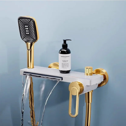 Juego de grifería de baño y ducha de Oro pulido, mezclador de bañera y ducha de cascada gris de latón montado en la pared, grifos de baño negros de latón