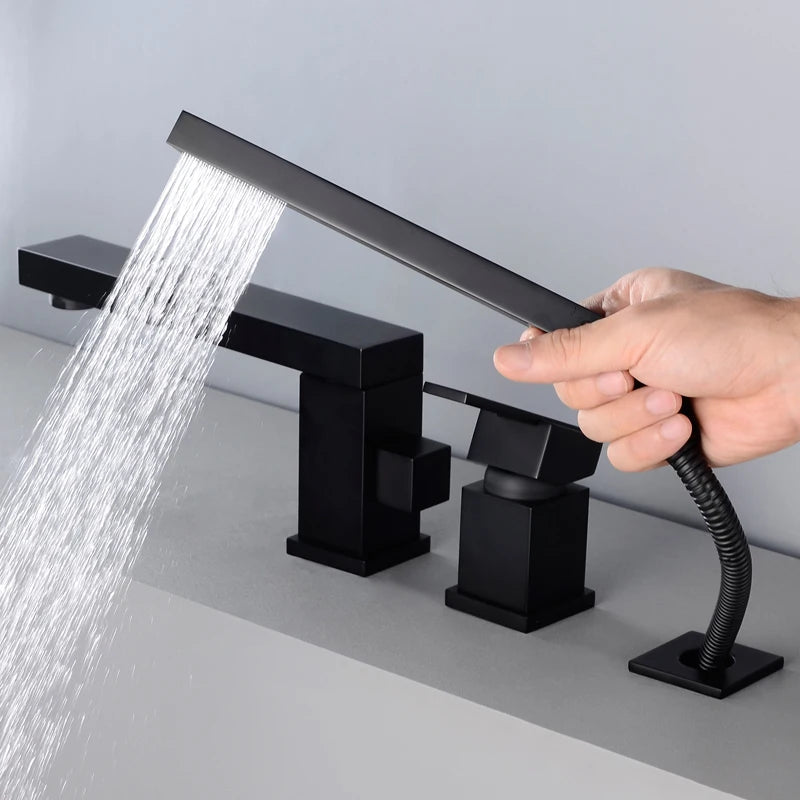 Brass hot and cold cylinder side bathtub faucet split three-piece set sitting 4-hole shower head rotating faucet