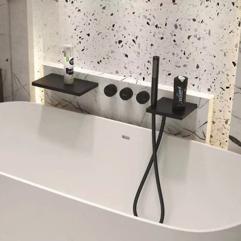 Grifo de cascada de bañera oculto negro de latón macizo gótico, montado en la pared, mezclador de agua fría y caliente, juego de ducha de bañera, grifos