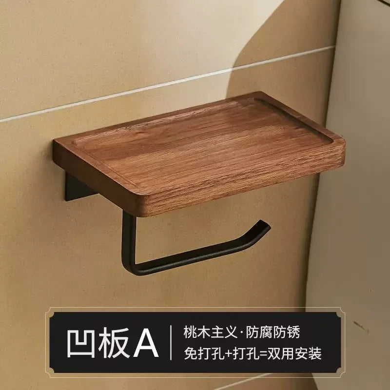 Walnut Wood Black Bathroom Hardware Set Bathroom Towel Rack Non Perforated Wall Mounted Storage Rack Bathroom Accessories