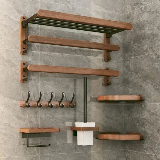 Walnut Wood Black Bathroom Hardware Set Bathroom Towel Rack Non Perforated Wall Mounted Storage Rack Bathroom Accessories