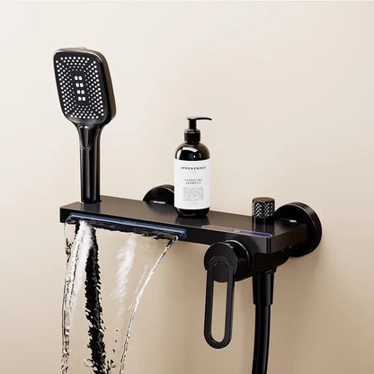 Juego de grifería de baño y ducha de Oro pulido, mezclador de bañera y ducha de cascada gris de latón montado en la pared, grifos de baño negros de latón