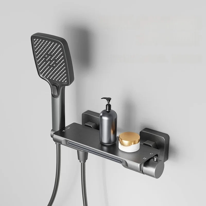 Grifo de bañera en cascada, juego de ducha, baño doméstico, montado en la pared, válvula mezcladora de latón caliente y fría, cabezal de ducha de baño
