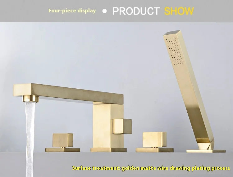 Brass hot and cold cylinder side bathtub faucet split three-piece set sitting 4-hole shower head rotating faucet