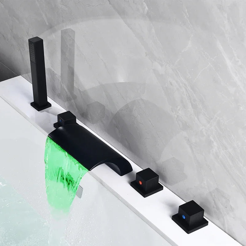 Bathtub Faucet LED Waterfall Mixer Taps Black 5 pcs Bathroom Shower Faucet with ABS Handshower Hot and Cold Water Sink Faucet