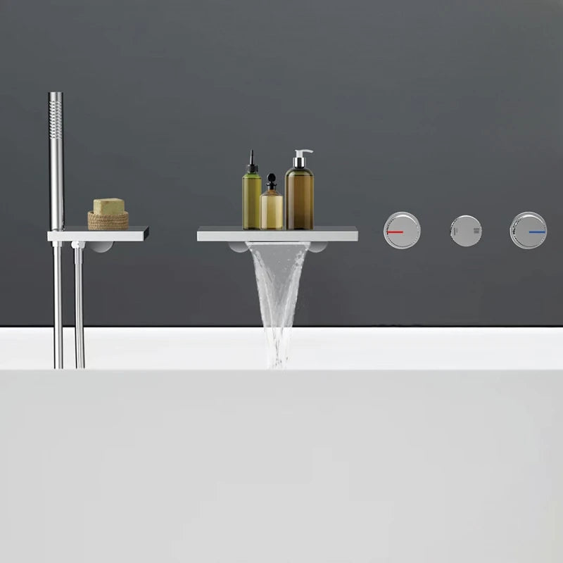 Grifo de cascada de bañera oculto negro de latón macizo gótico, montado en la pared, mezclador de agua fría y caliente, juego de ducha de bañera, grifos