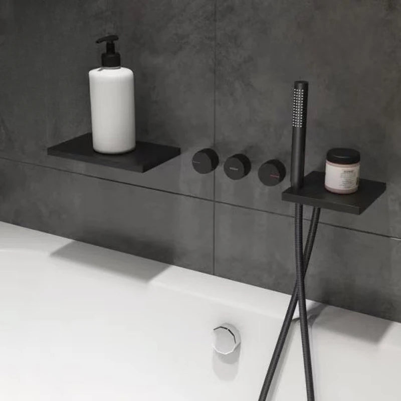 Grifo de cascada de bañera oculto negro de latón macizo gótico, montado en la pared, mezclador de agua fría y caliente, juego de ducha de bañera, grifos