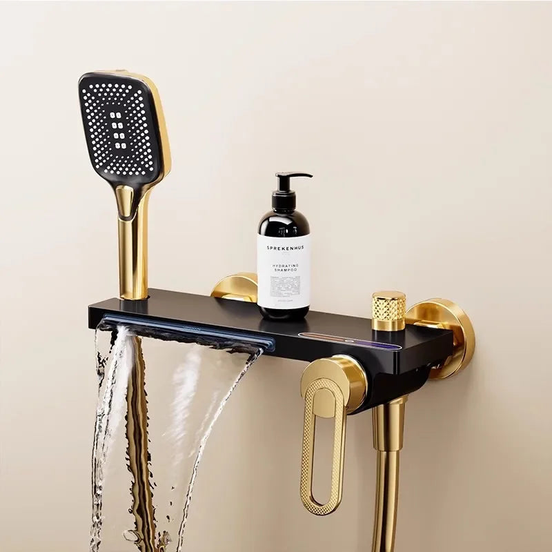 Juego de grifería de baño y ducha de Oro pulido, mezclador de bañera y ducha de cascada gris de latón montado en la pared, grifos de baño negros de latón
