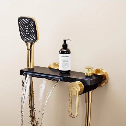 Juego de grifería de baño y ducha de Oro pulido, mezclador de bañera y ducha de cascada gris de latón montado en la pared, grifos de baño negros de latón
