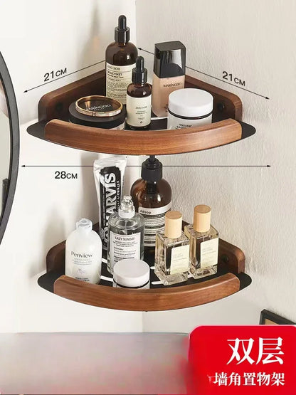 Walnut Wood Black Bathroom Hardware Set Bathroom Towel Rack Non Perforated Wall Mounted Storage Rack Bathroom Accessories