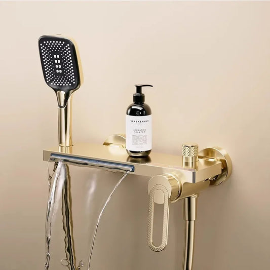 Juego de grifería de baño y ducha de Oro pulido, mezclador de bañera y ducha de cascada gris de latón montado en la pared, grifos de baño negros de latón